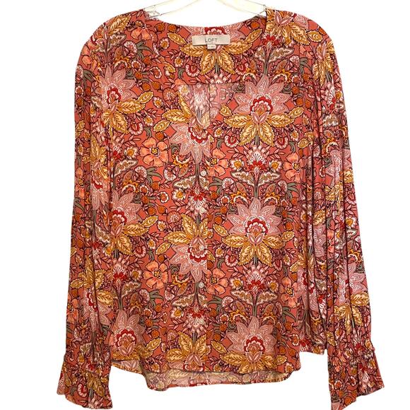 LOFT Coral Floral V-Neck Button Top Womens XL Long Sleeve Casual Career Blouse - Picture 1 of 7